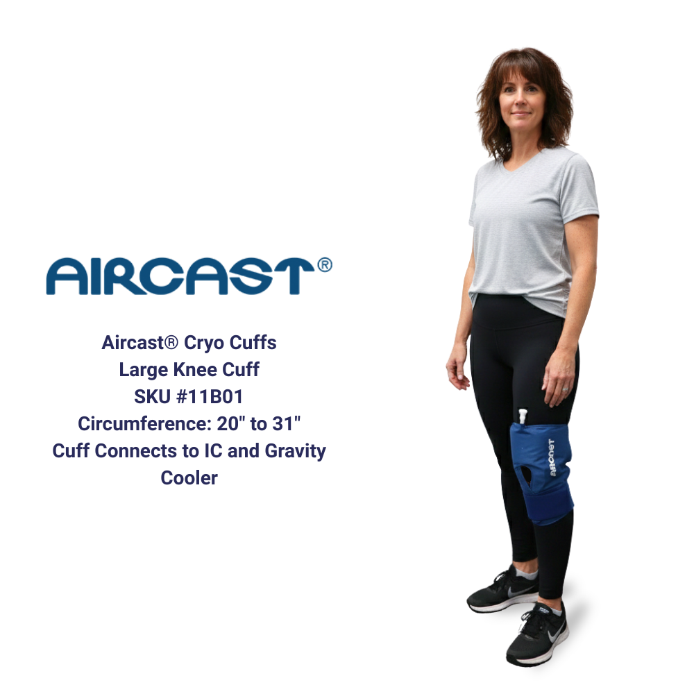 Woman wearing Aircast Cryo Cuffs large knee cuff for cold therapy, product details shown