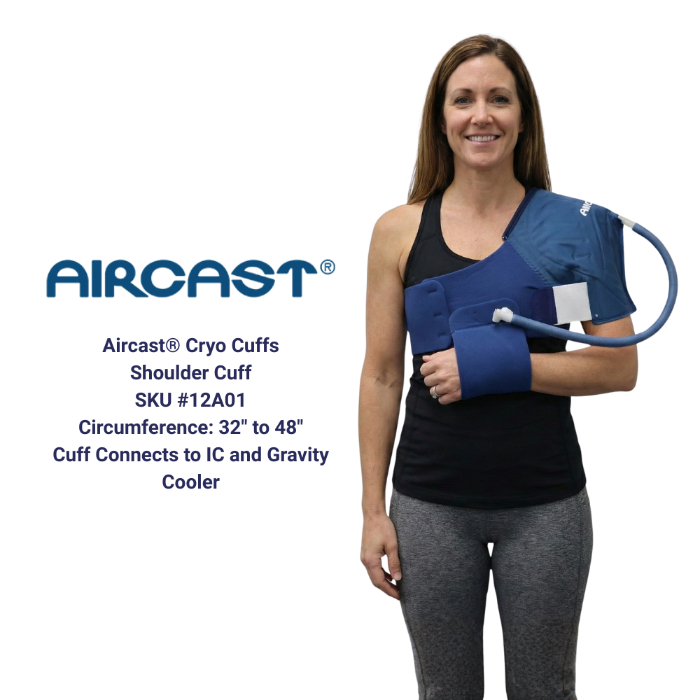 Woman wearing Aircast Cryo Shoulder Cuff cold therapy pad with tubing, Supply Cold Therapy