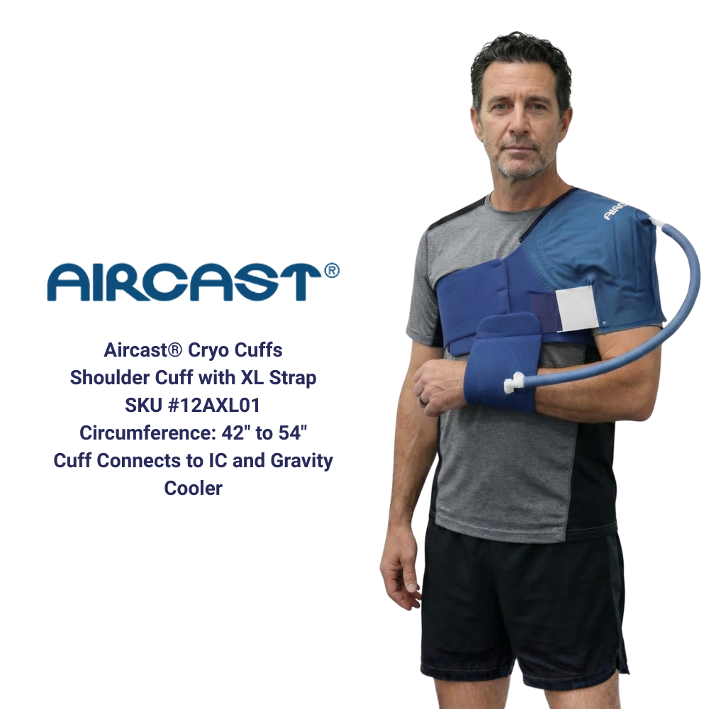 Aircast Cryo Shoulder XL Strap Cuff for cold therapy, worn by man, connects to IC and gravity cooler.