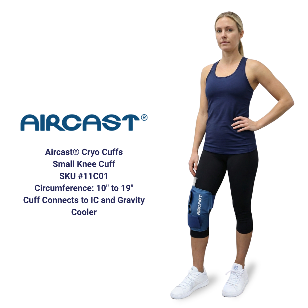Aircast small knee cryo cuff shown on a woman's leg for cold therapy pain relief.