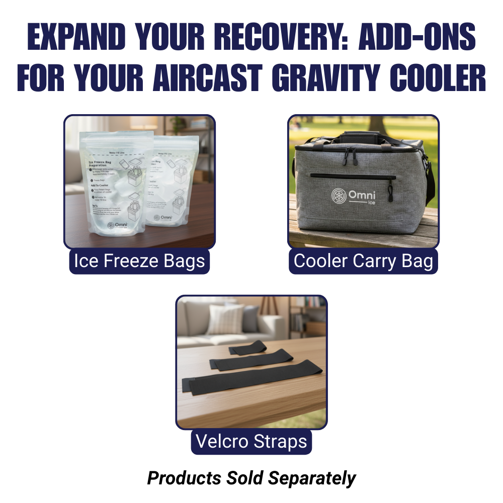 Aircast Gravity Cooler add-ons with ice freeze bags, cooler carry bag, and Velcro straps.