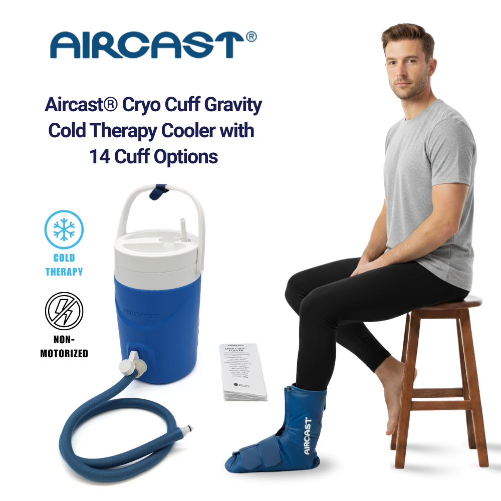 Aircast Cryo Cuff Gravity cold therapy cooler with blue foot pad, shown on seated man.