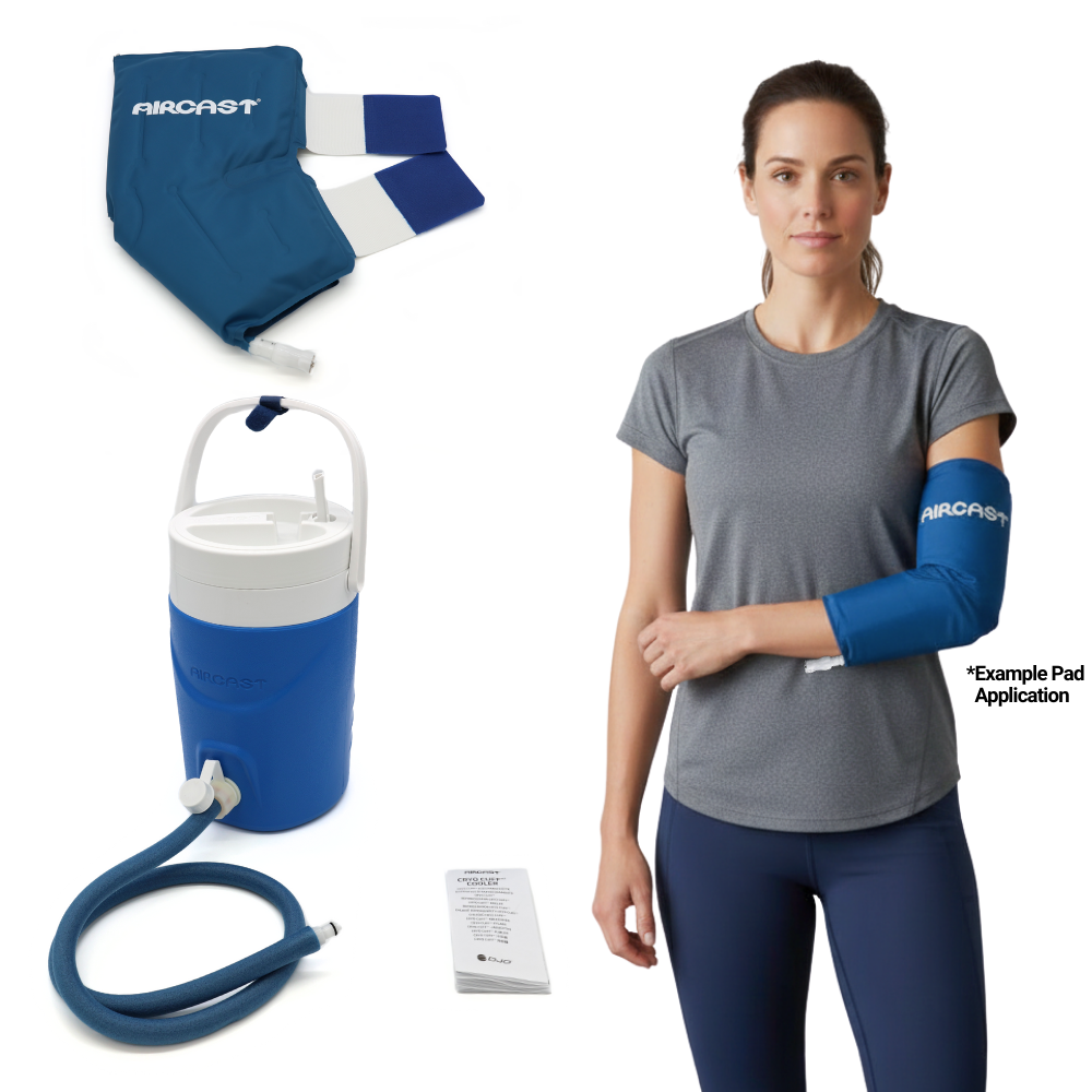 Aircast cold therapy elbow pad kit with blue pad, cooler, hose, and example pad application on arm