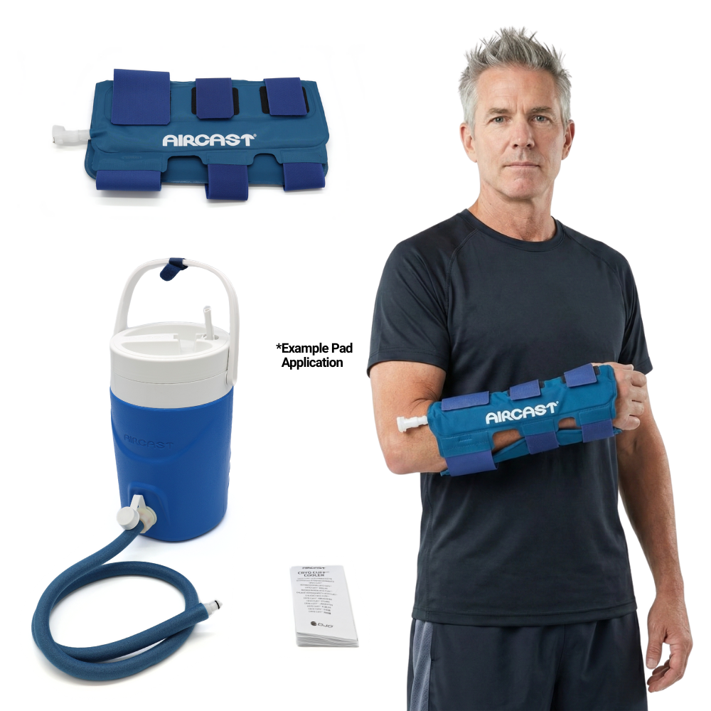 Aircast cold therapy device for hand and wrist, with pad, cooler, and example arm application.