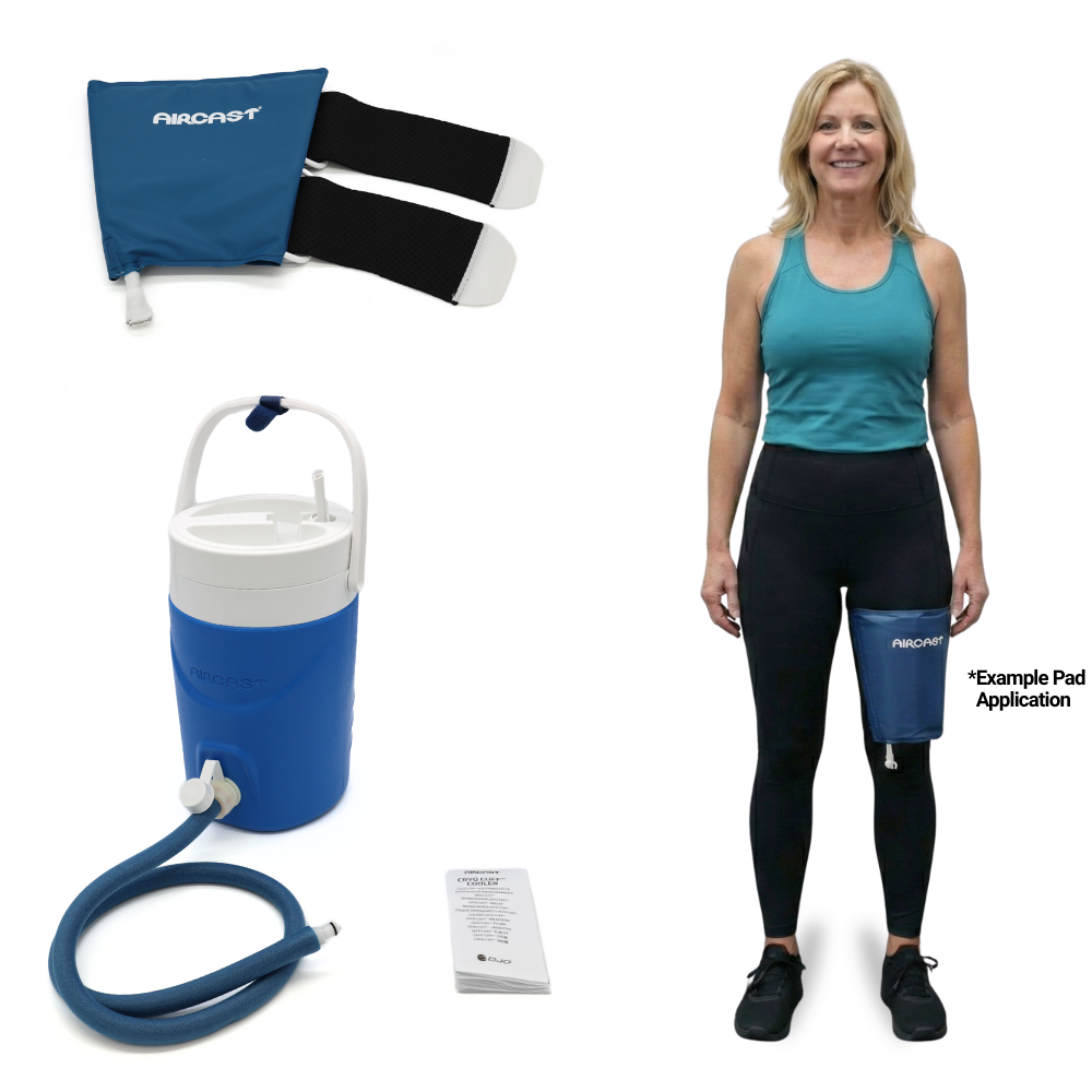 Aircast thigh cold therapy system with pad, cooler, and example application for pain relief