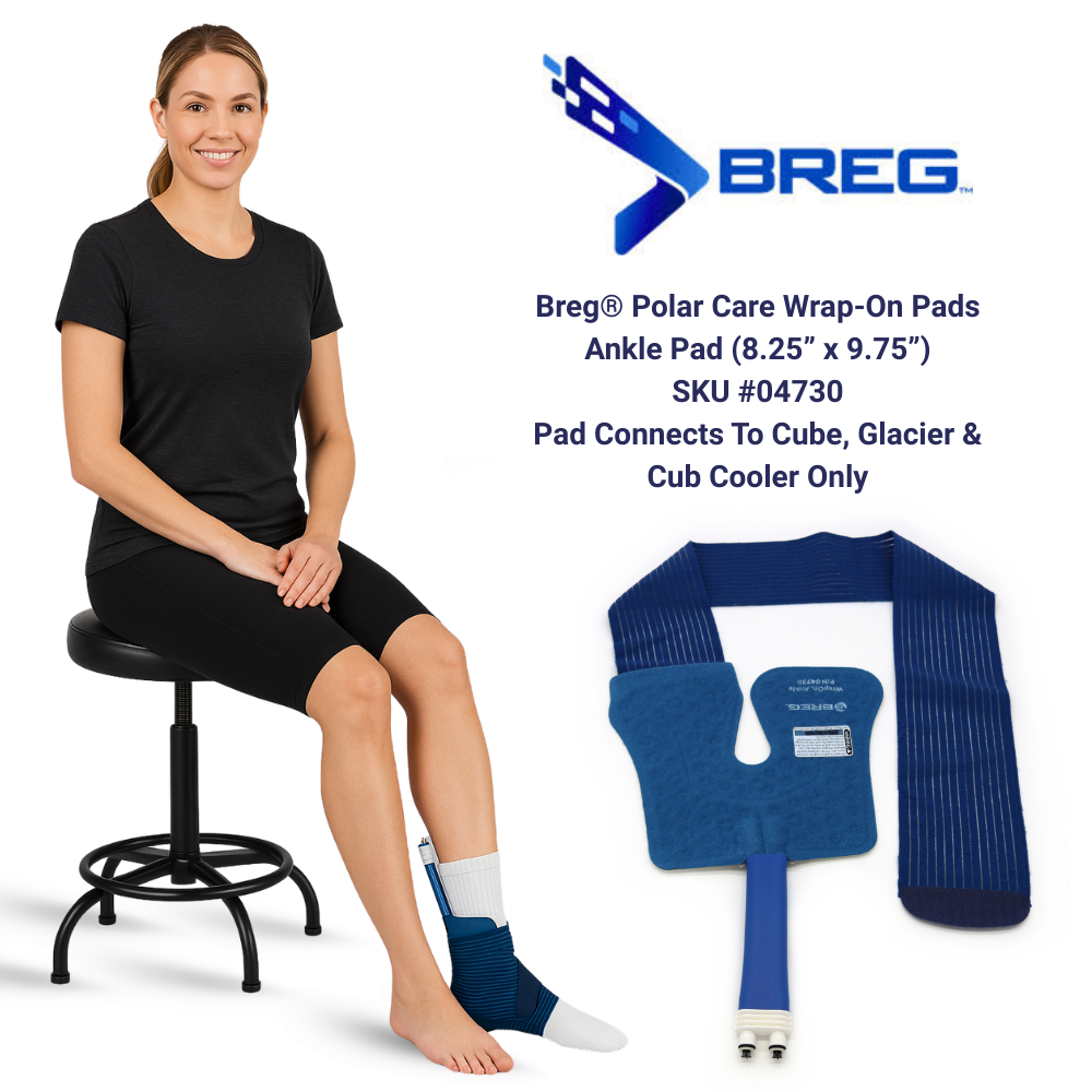 Breg Polar Care ankle pad for cold therapy shown on model and separately, blue pad with connectors.