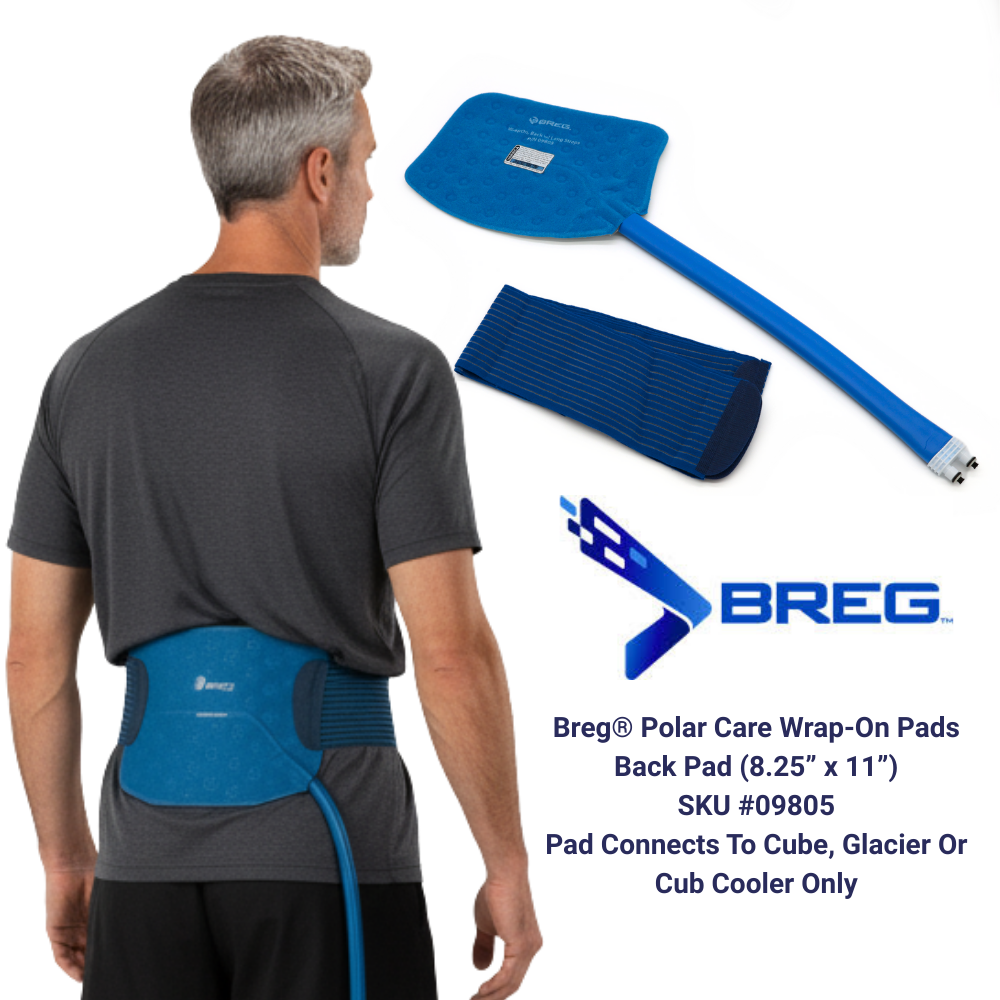 Breg Polar Care back cold therapy pad with strap shown on man, compatible with Cube cooler, Supply Cold Therapy.