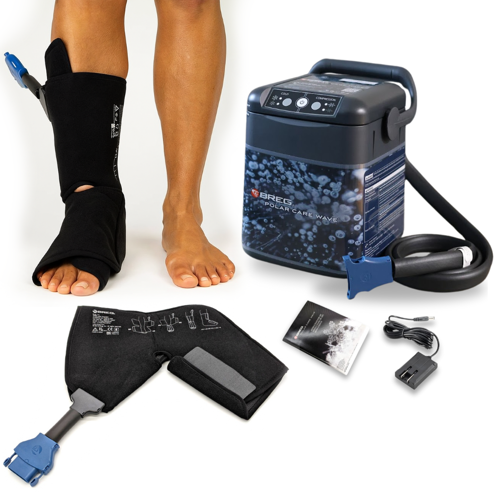 Breg Wave ankle cold therapy device with pad, cooler, power adapter, and instructions