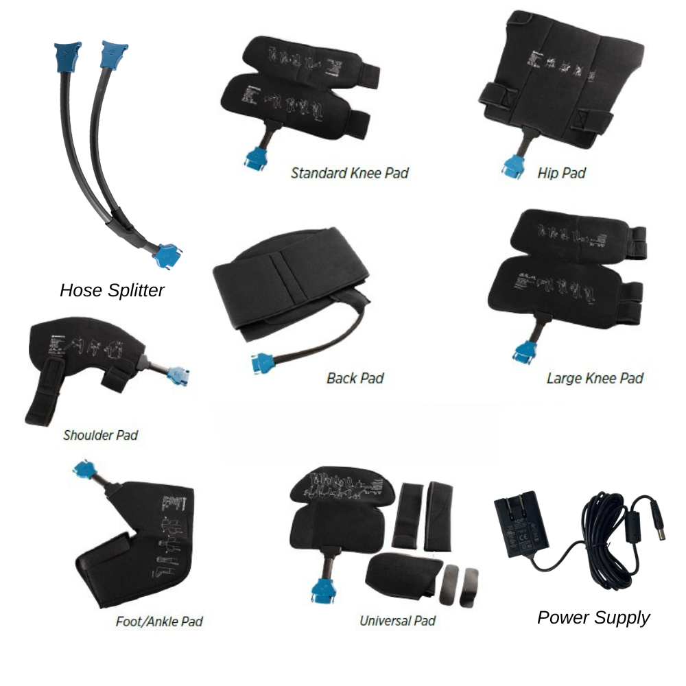 Breg cold therapy pads set with hose splitter and power supply for ankle, knee, hip, back, and shoulder pain relief, available at Supply Cold Therapy.