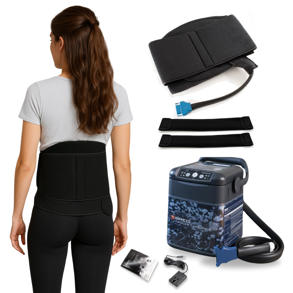 Breg Wave back cold therapy compression pad and cooler shown on woman, Supply Cold Therapy