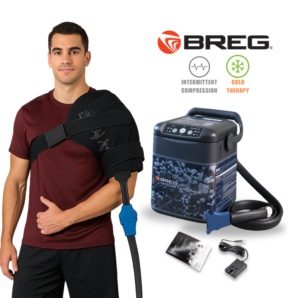Breg cold therapy shoulder pad and compression cooler system on model, Supply Cold Therapy