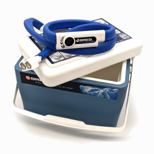 Breg Glacier cold therapy device with blue hose, used for injury recovery