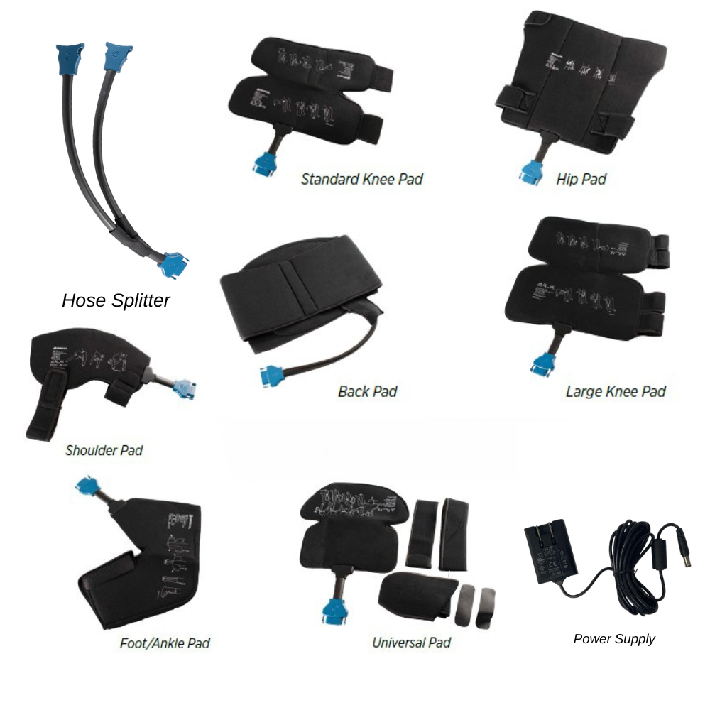 Breg Wave cold compression pads set with hose splitter, power supply, and joint pads for knee, hip, back, shoulder, foot, and universal use, available at Supply Cold Therapy.