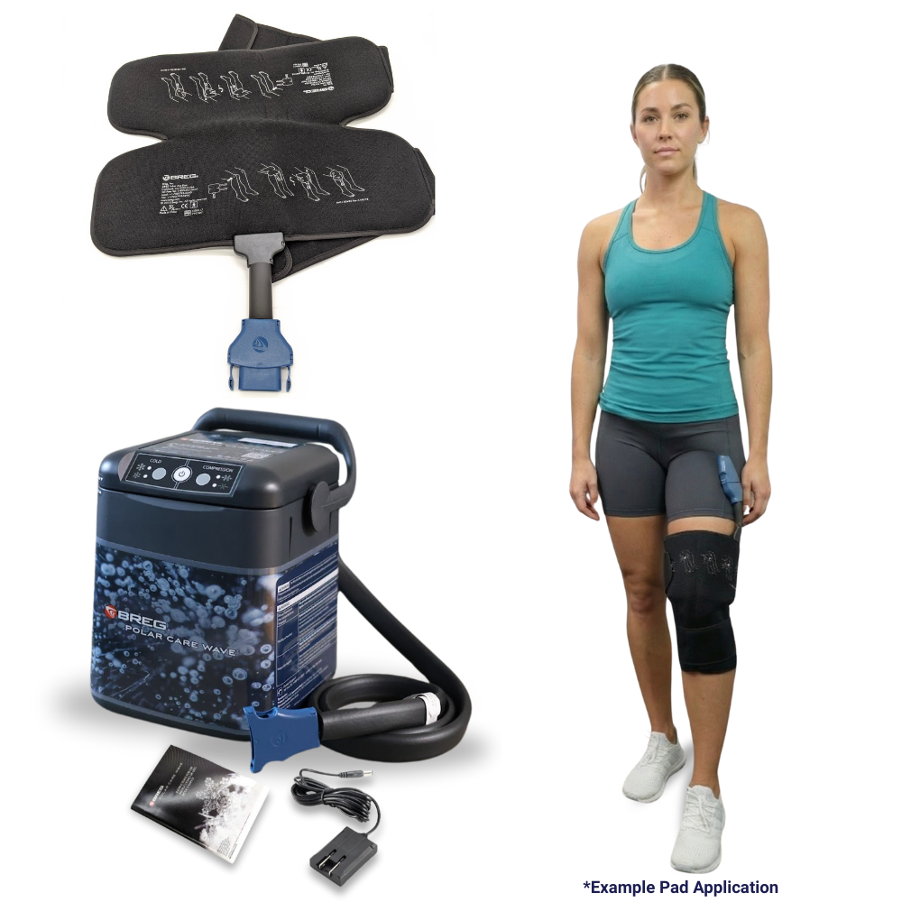 Breg Wave knee cold therapy system with knee pad and model showing pad application, Supply Cold Therapy
