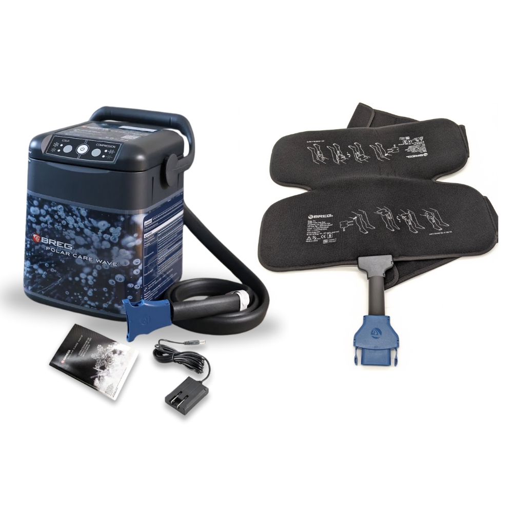 Breg Polar Care Wave knee cold therapy device with knee pad, power adapter, and instruction manual