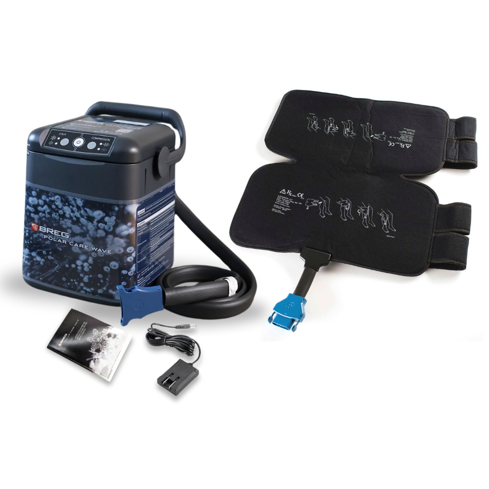 Breg Wave cold therapy device and large knee pad with accessories on white background