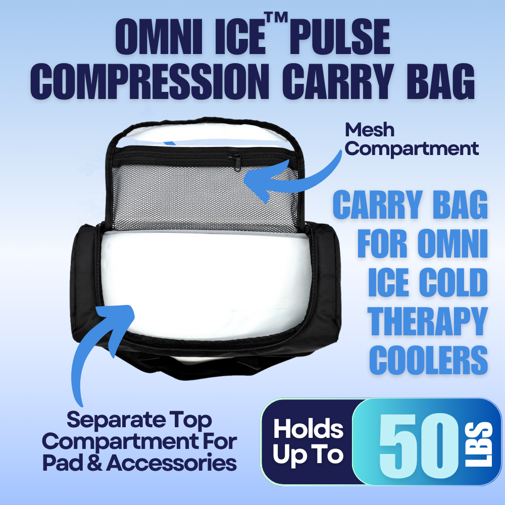 Black compression carry bag with mesh compartment for cold therapy coolers, holds 50 lbs.