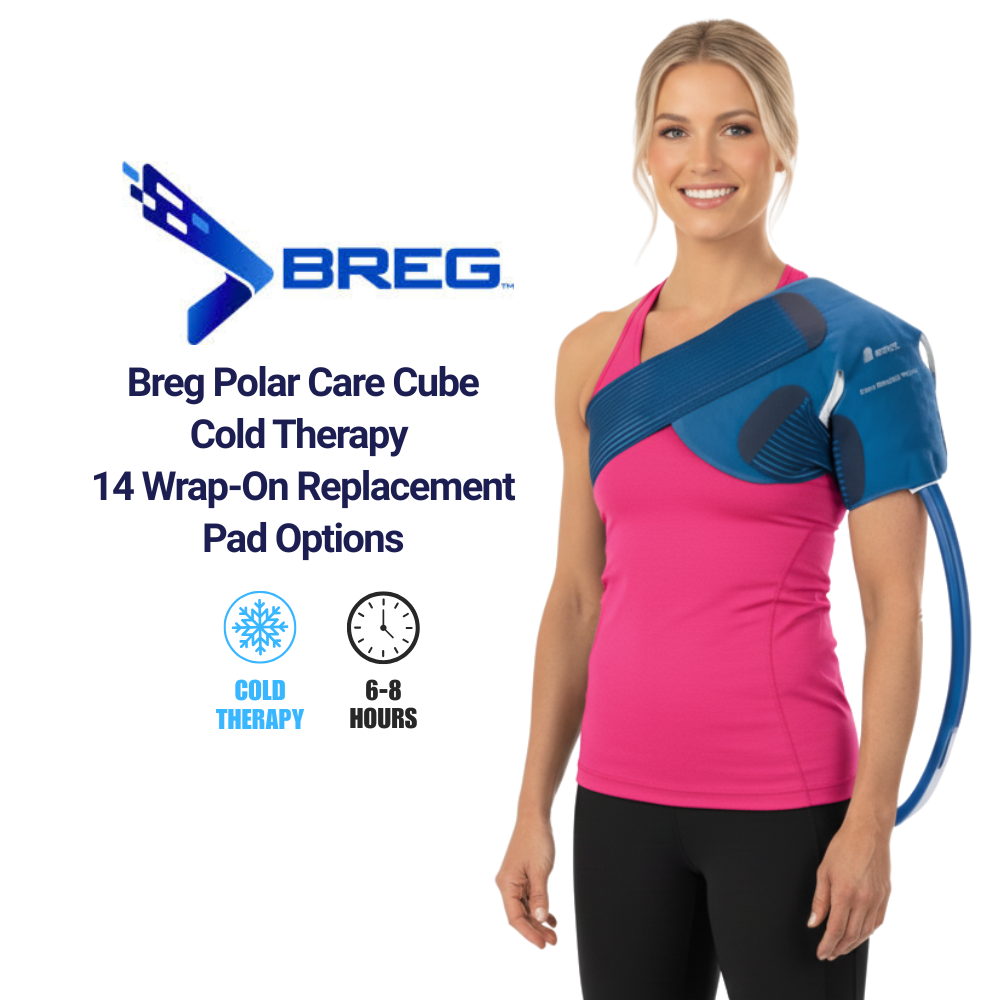 Woman wearing Breg Polar Care Cube cold therapy shoulder pad, replacement pad ad