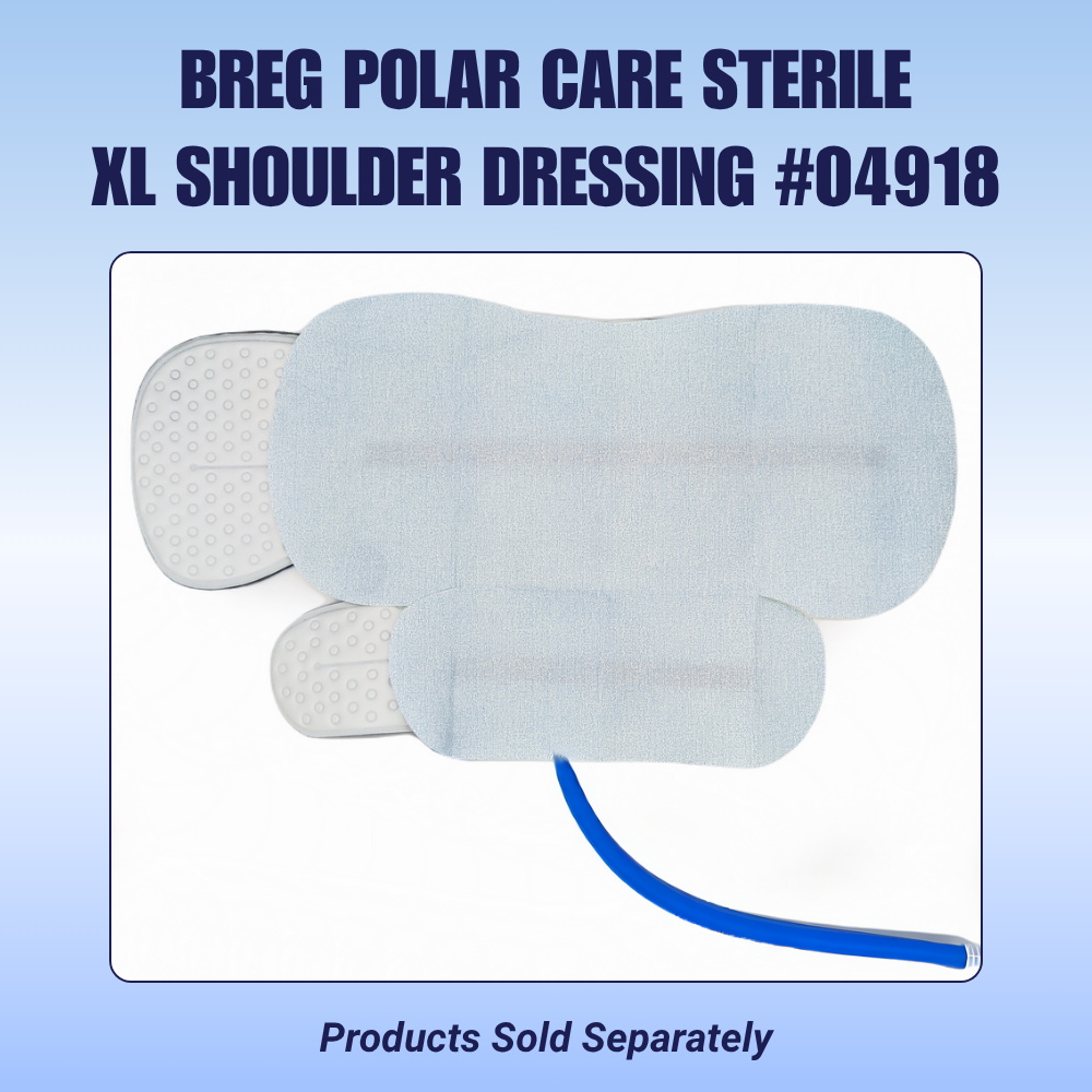Breg Polar Care sterile XL shoulder dressing cold therapy pad with blue hose, shown on white background.