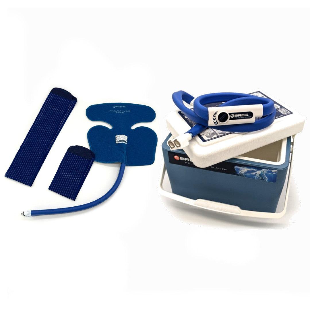 Breg cold therapy device with blue pad, hose, and accessories for pain relief.