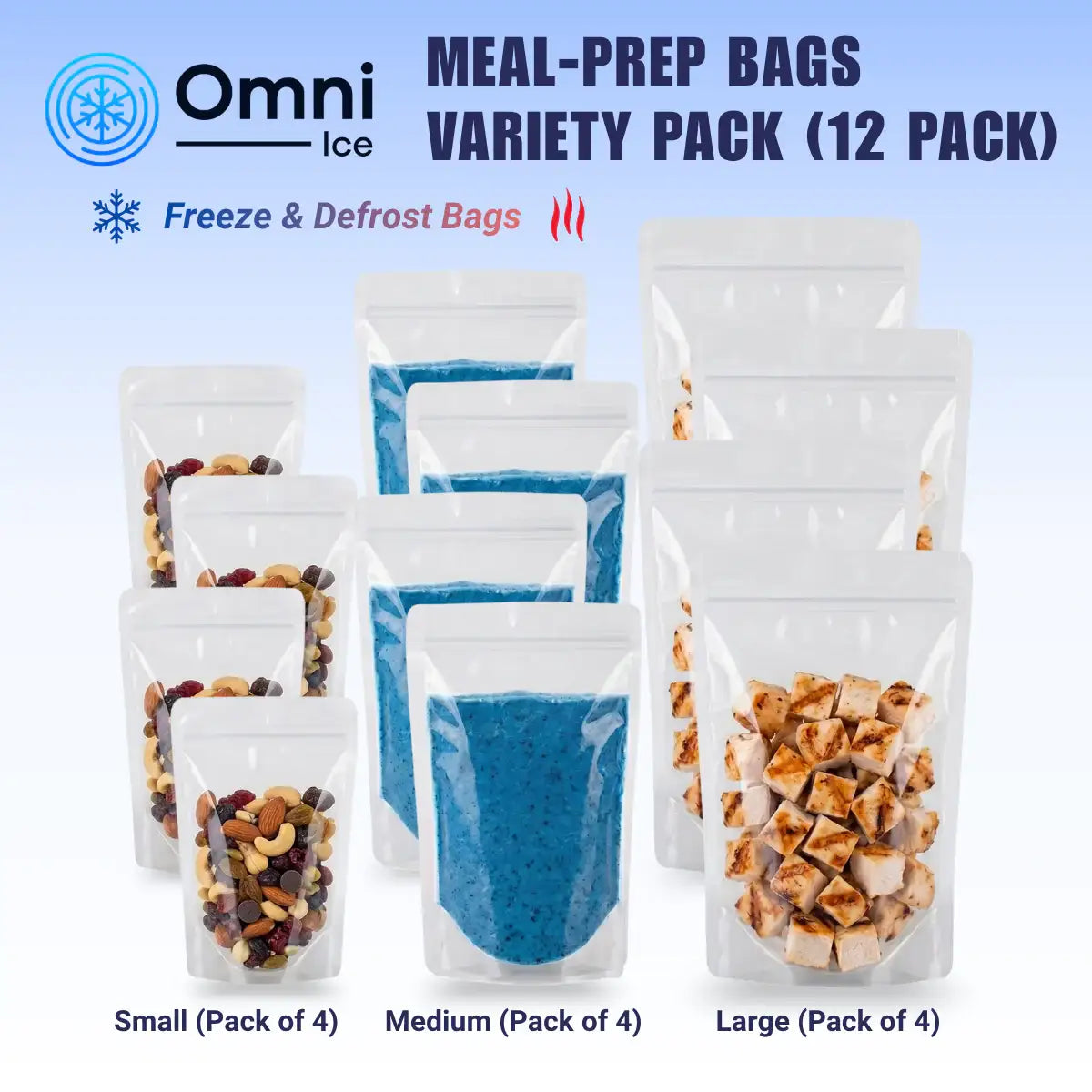 Meal-Prep Bags by Omni Ice™ Freeze & Reheat Variety Pack (12 bags 3 sizes) - Omni Ice