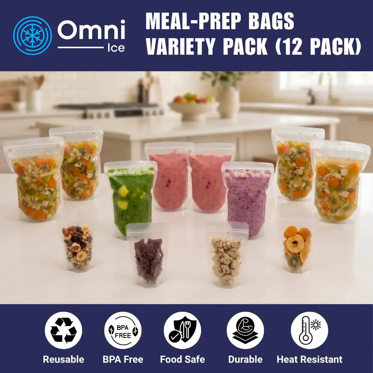 Meal-Prep Bags by Omni Ice™ Freeze & Reheat Variety Pack (12 bags 3 sizes) - Omni Ice