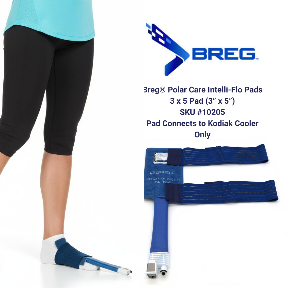 Breg Polar Care Intelli-Flo 3x5 cold therapy pad with hose, shown on foot, for Kodiak cooler.