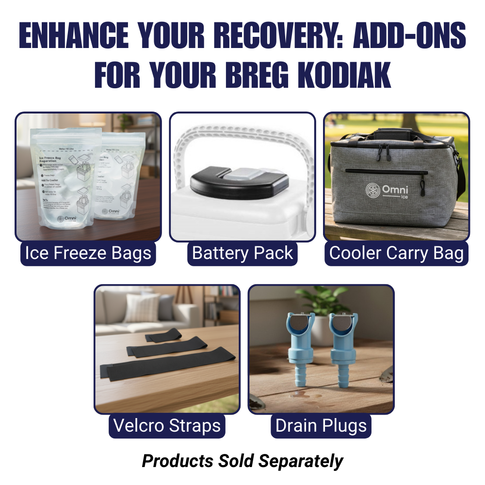 Breg Kodiak cold therapy add-ons including ice freeze bags, battery pack, cooler carry bag, Velcro straps, and drain plugs displayed on a tabletop.