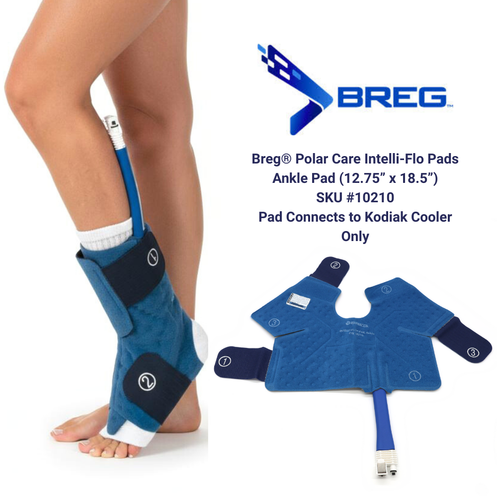 Breg Polar Care Intelli-Flo ankle pad for Kodiak cold therapy, shown worn on ankle and flat.