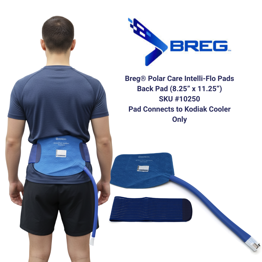 Breg Polar Care Intelli-Flo back pad with hose for Kodiak cooler shown on model and flat lay.