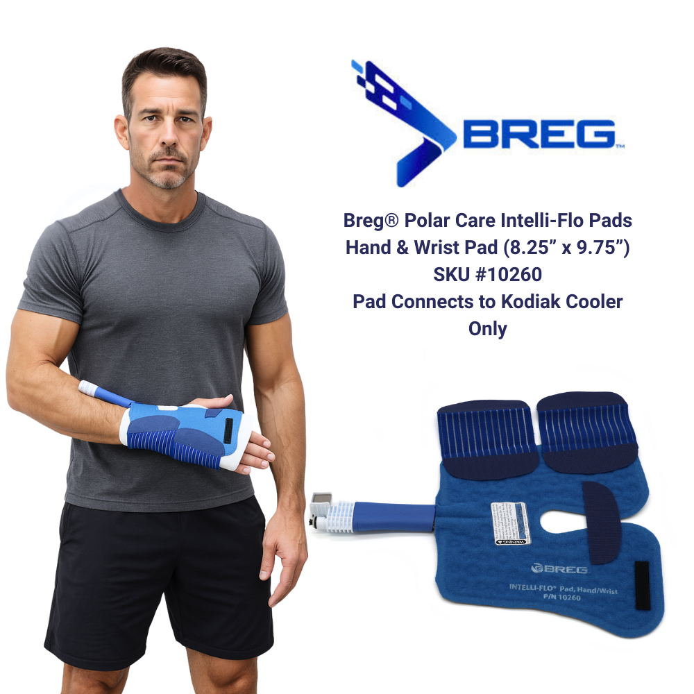Man wearing Breg Polar Care Intelli-Flo hand and wrist cold therapy pad, product display and logo.