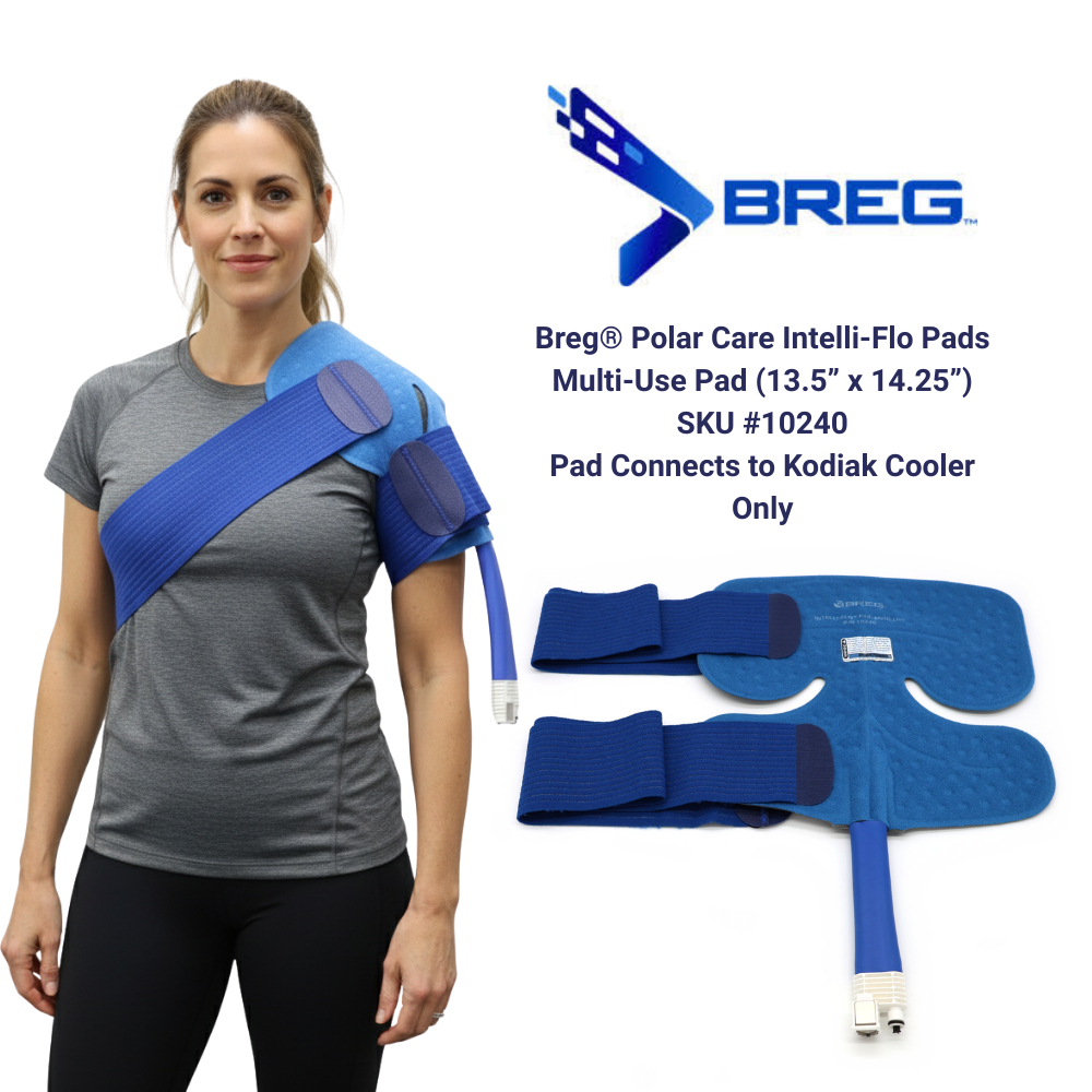 Breg Polar Care Intelli-Flo Kodiak Multi-Use Pad shown on shoulder, cold therapy product