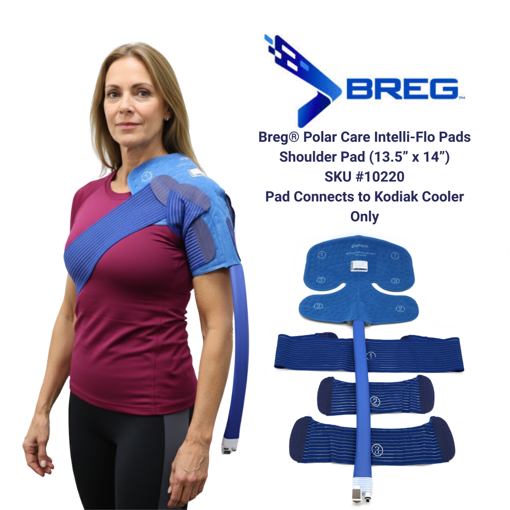 Woman wearing Breg Kodiak shoulder cold therapy pad, product and dimensions shown for Supply Cold Therapy.