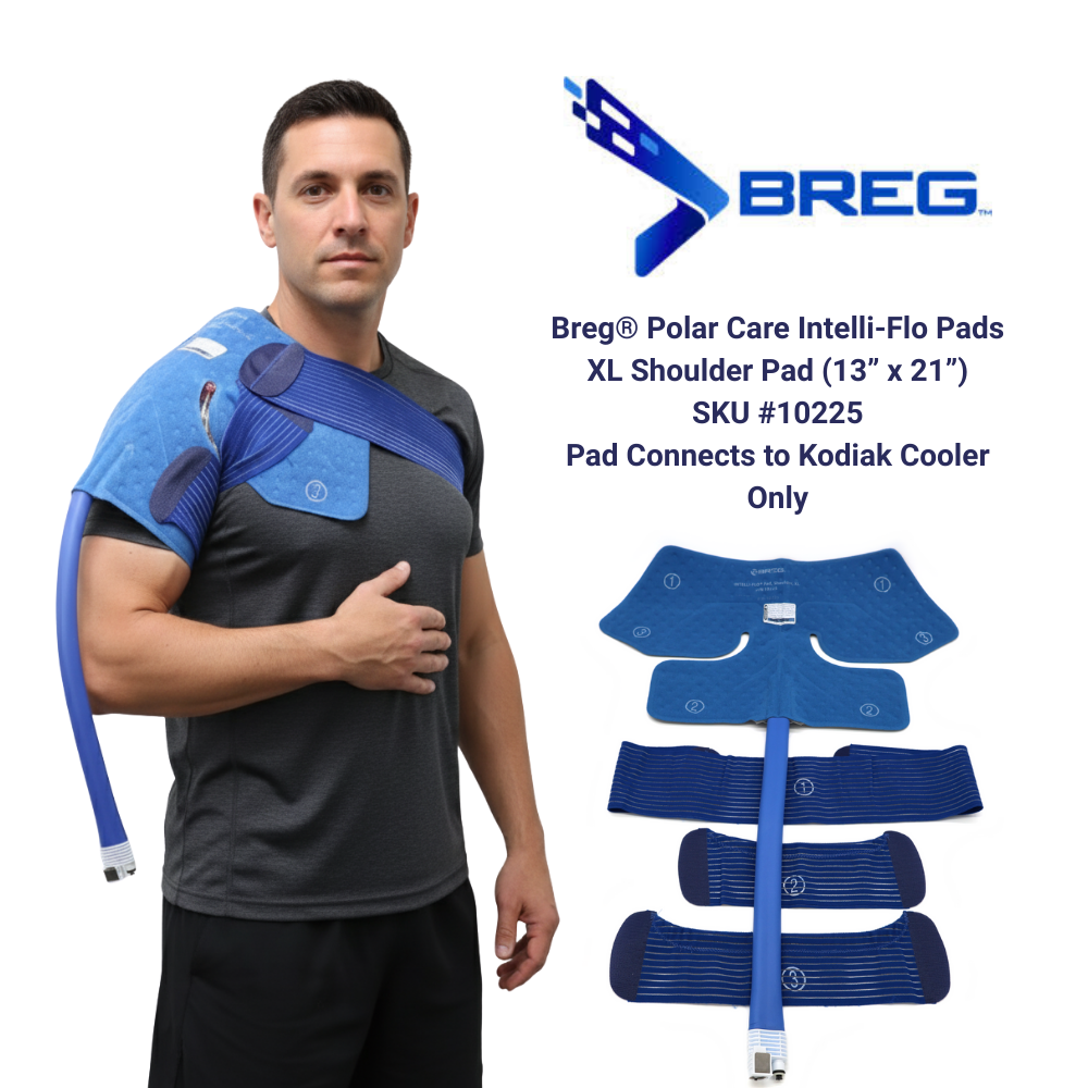 Breg Polar Care Intelli-Flo XL Shoulder Pad for Kodiak cooler, shown on model and displayed with straps.