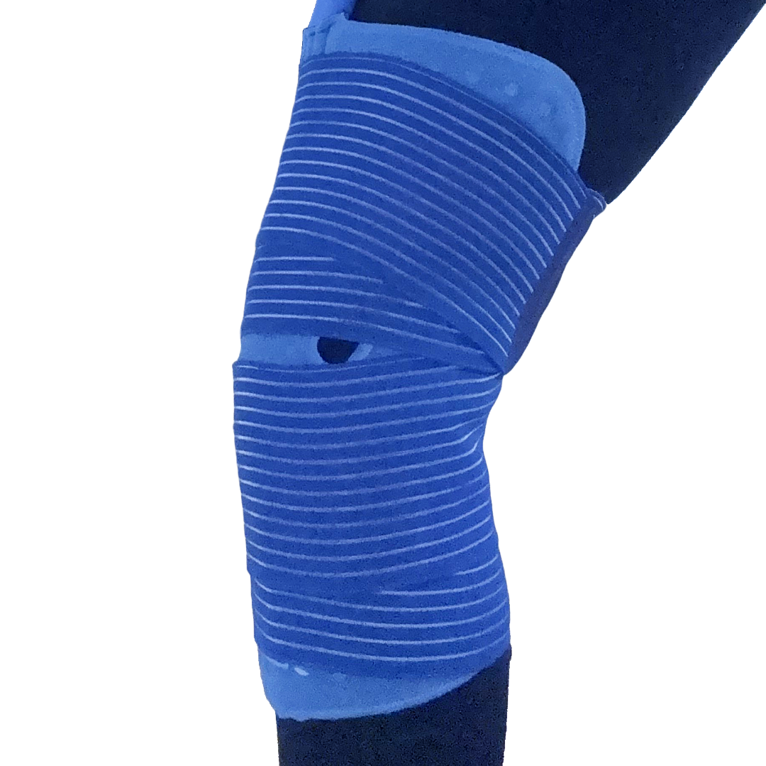 Blue compressive knee pad for cold therapy on bent knee, ideal for injury relief.