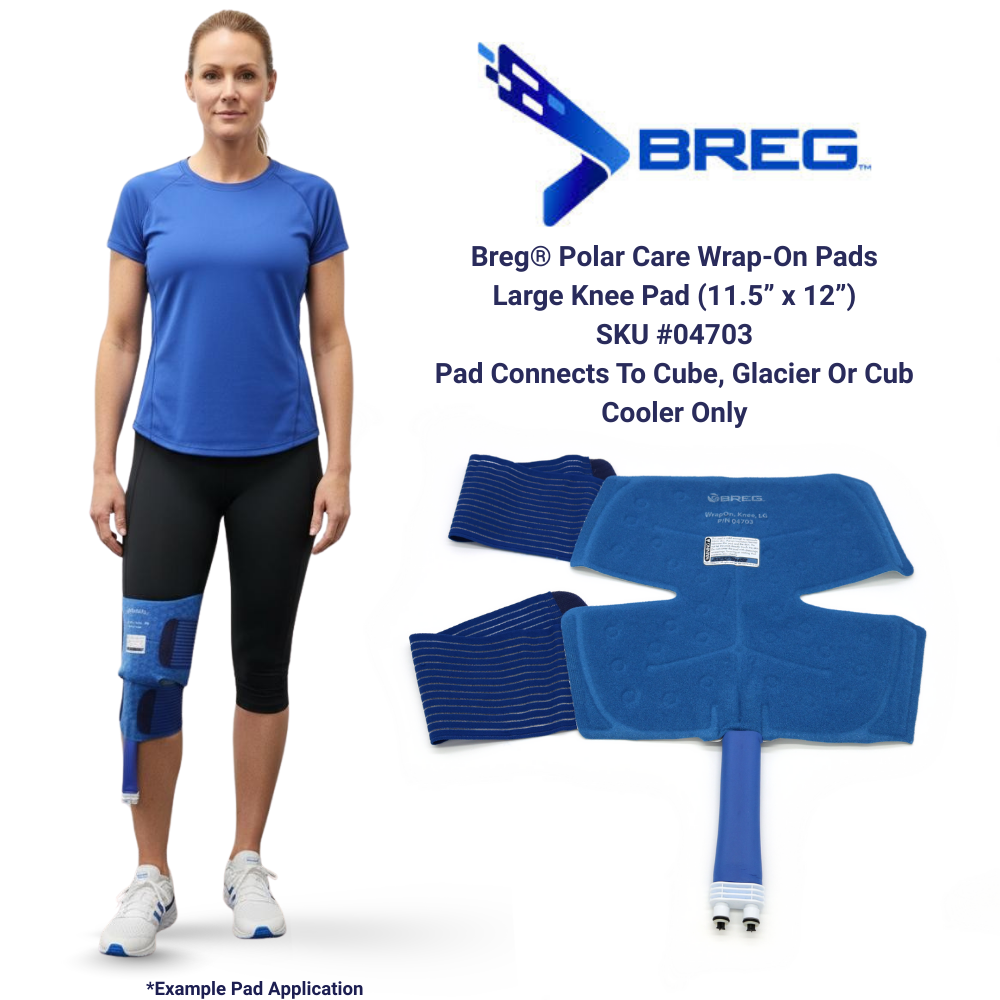 Breg Polar Care large knee cold therapy pad with wrap and connectors, shown on model and flat, FSA HSA eligible.