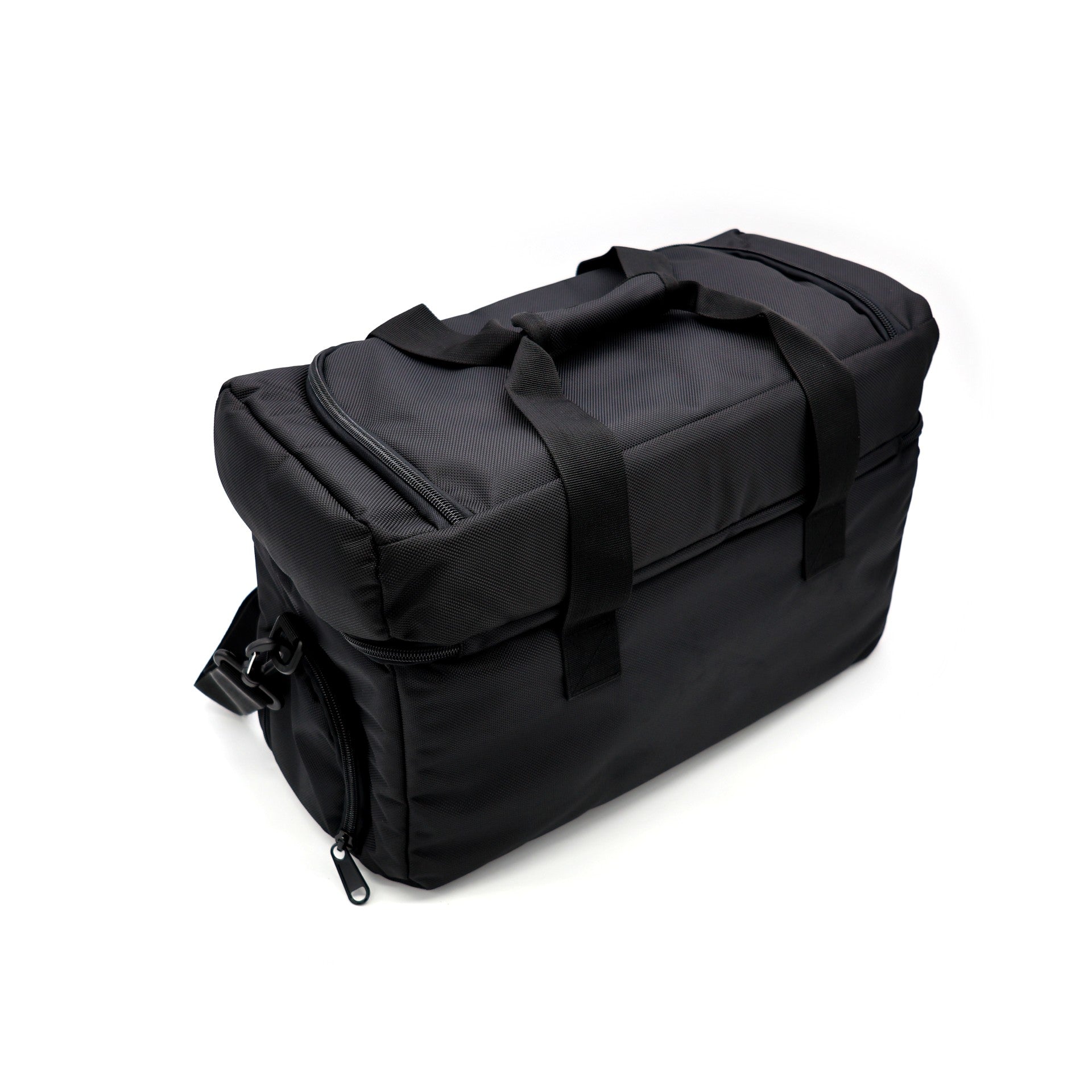 Black insulated carry bag for cold therapy device with handles and side zipper pocket