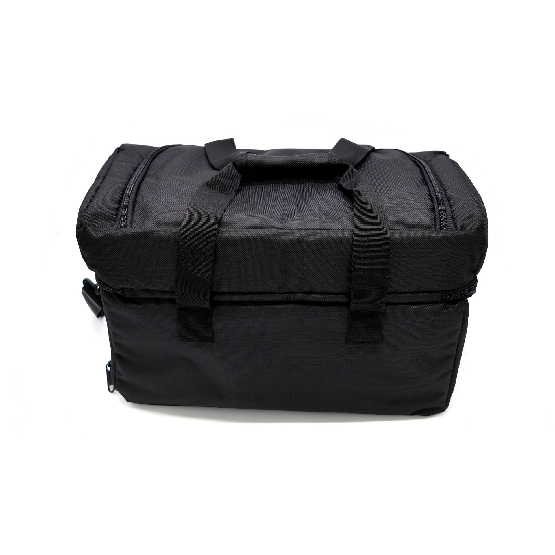 Black carry bag for cold therapy device with dual handles on white background