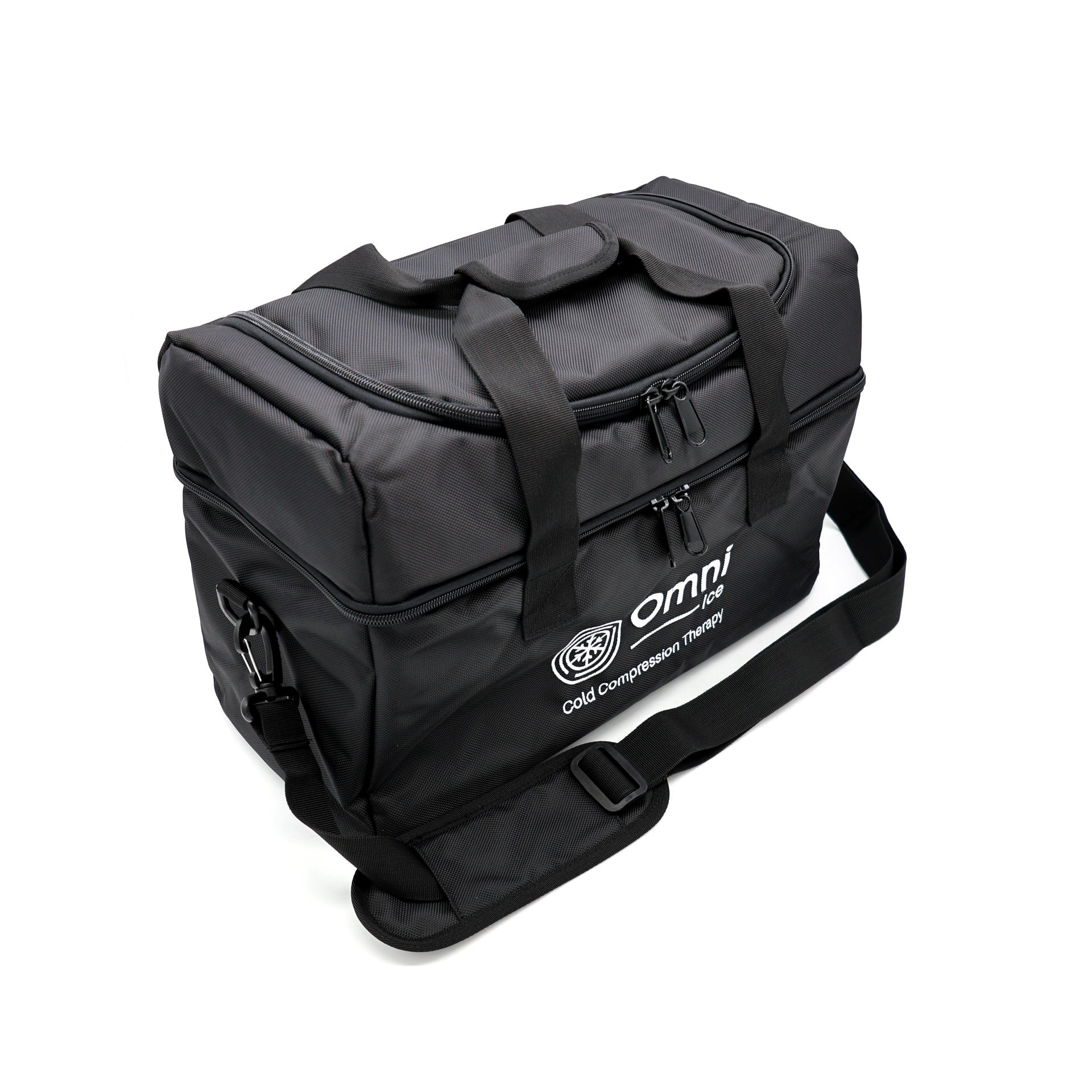 Black Omni Ice cold compression therapy carry bag with shoulder strap on white background