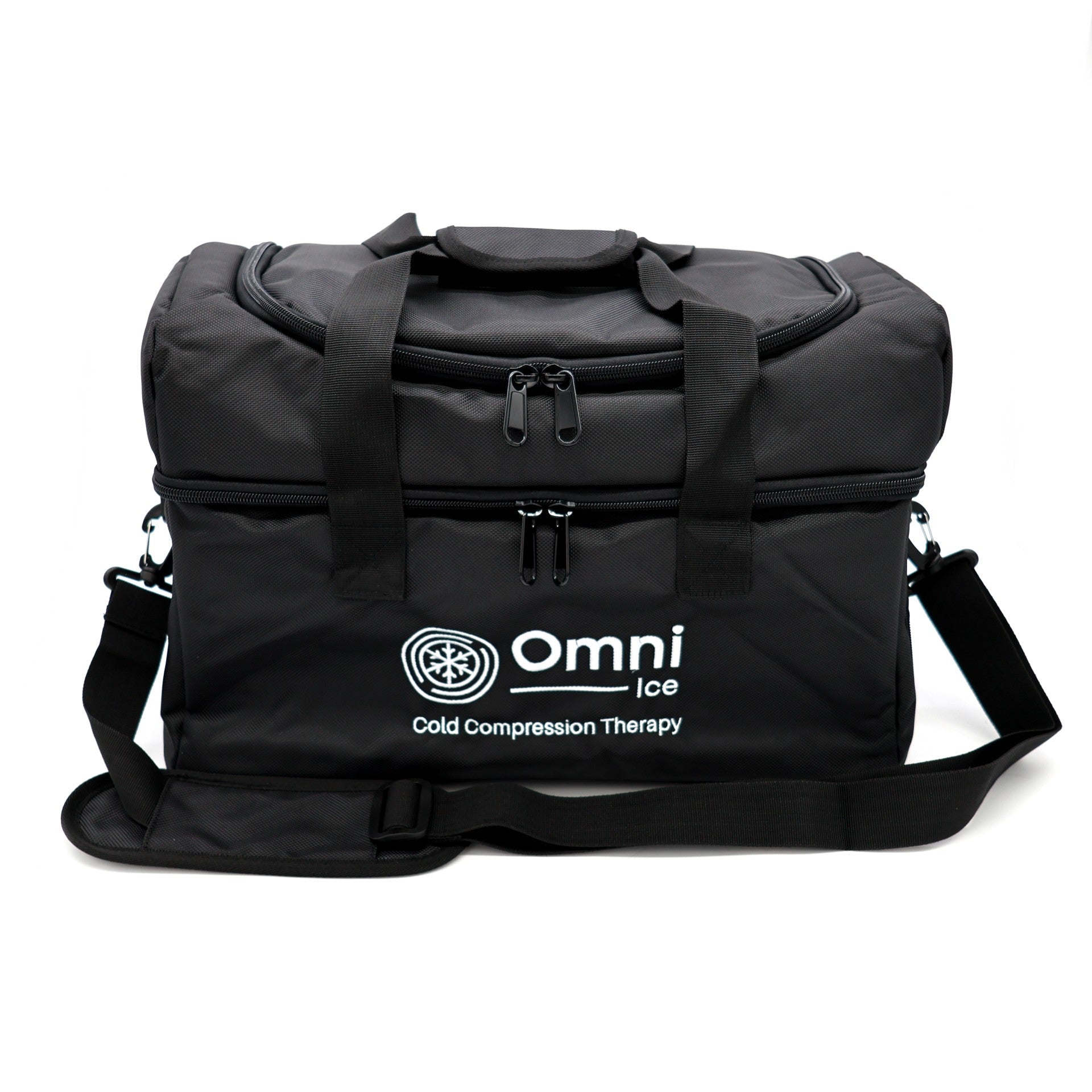 Black Omni Ice cold therapy compression carry bag with shoulder strap and zipper pockets