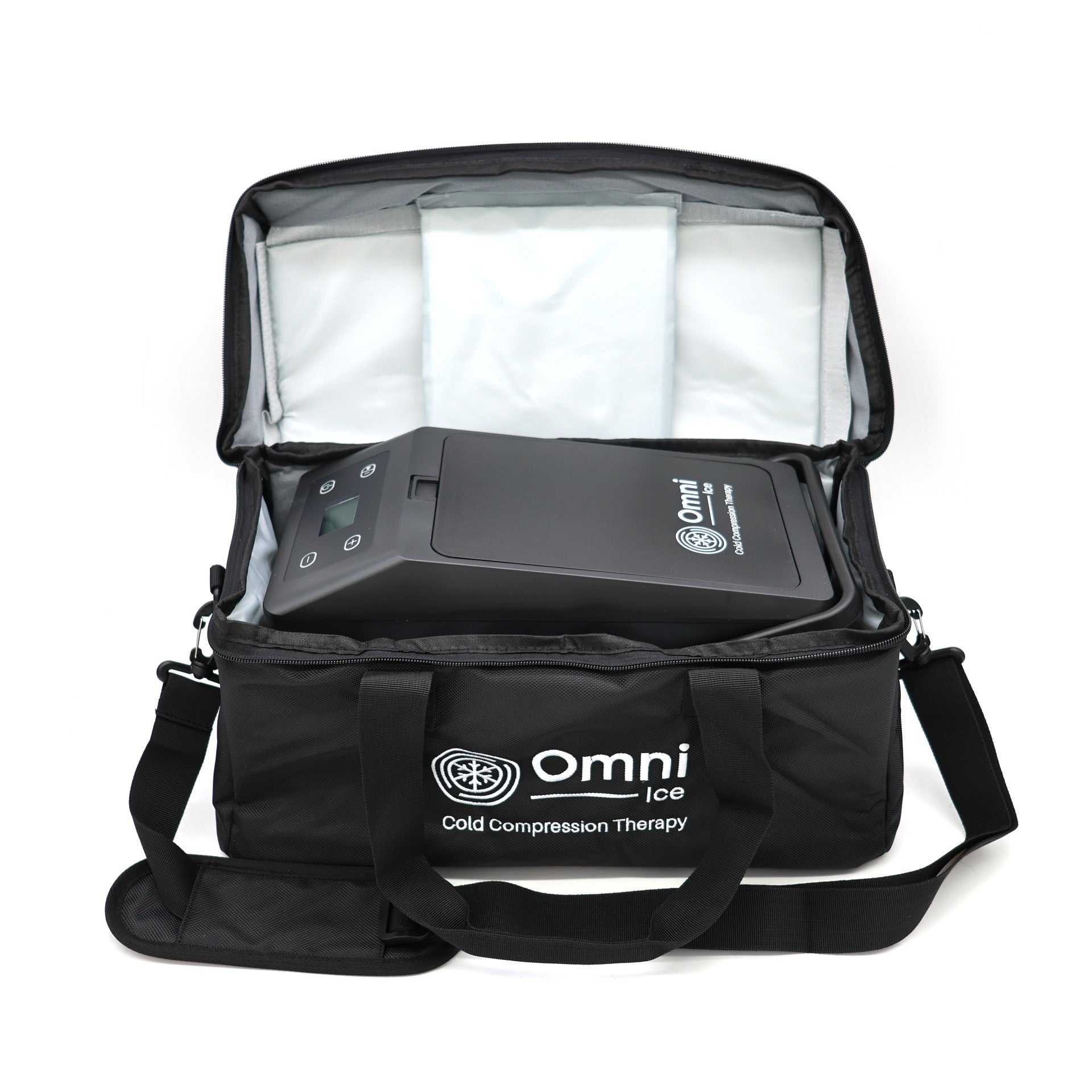 Omni Ice cold compression therapy device in a black carrying bag with shoulder strap