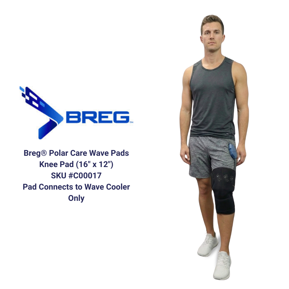Man wearing Breg Polar Care Wave knee pad, cold therapy pad for knee pain relief