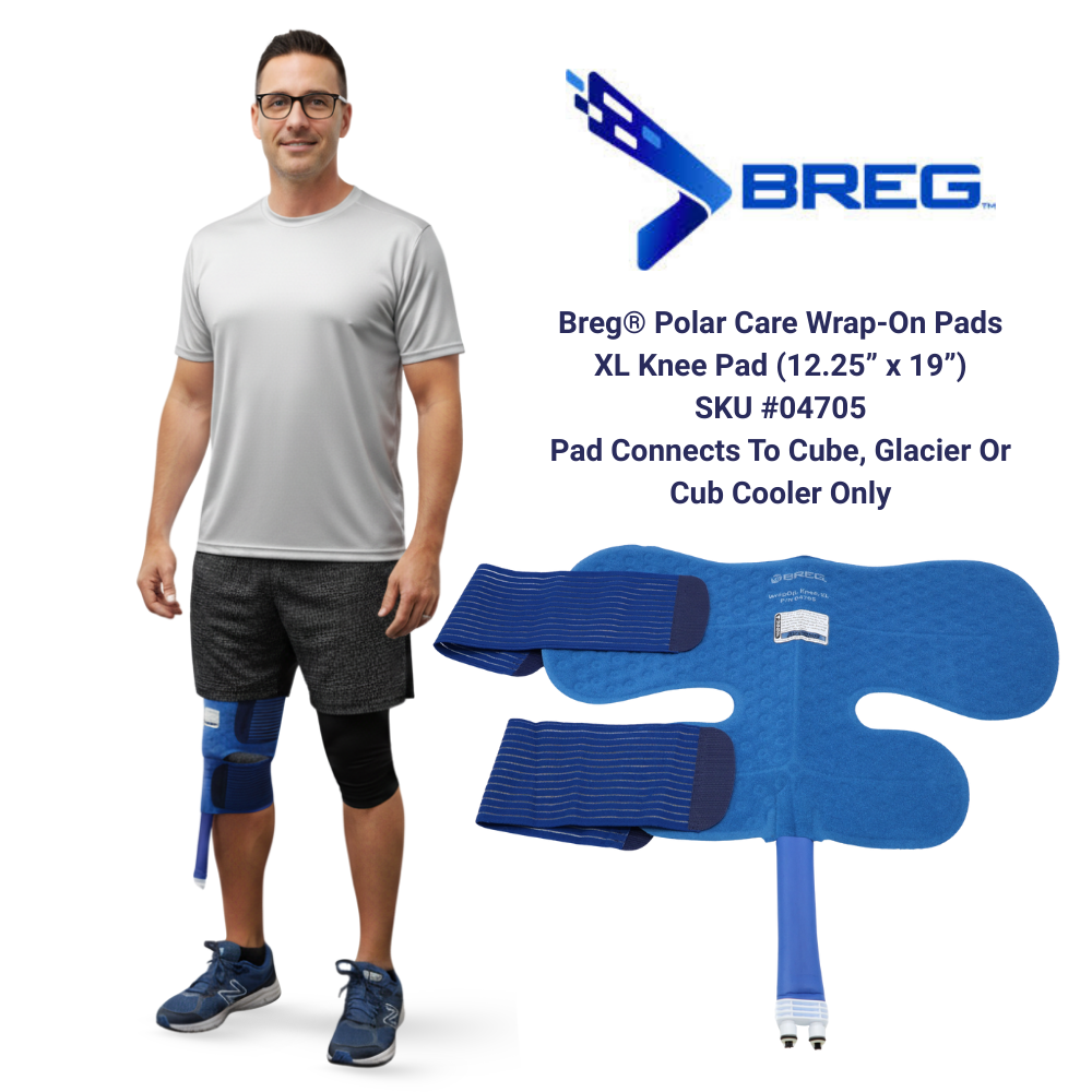 Breg Polar Care XL knee pad for cold therapy, shown on man and separately, for Supply Cold Therapy.