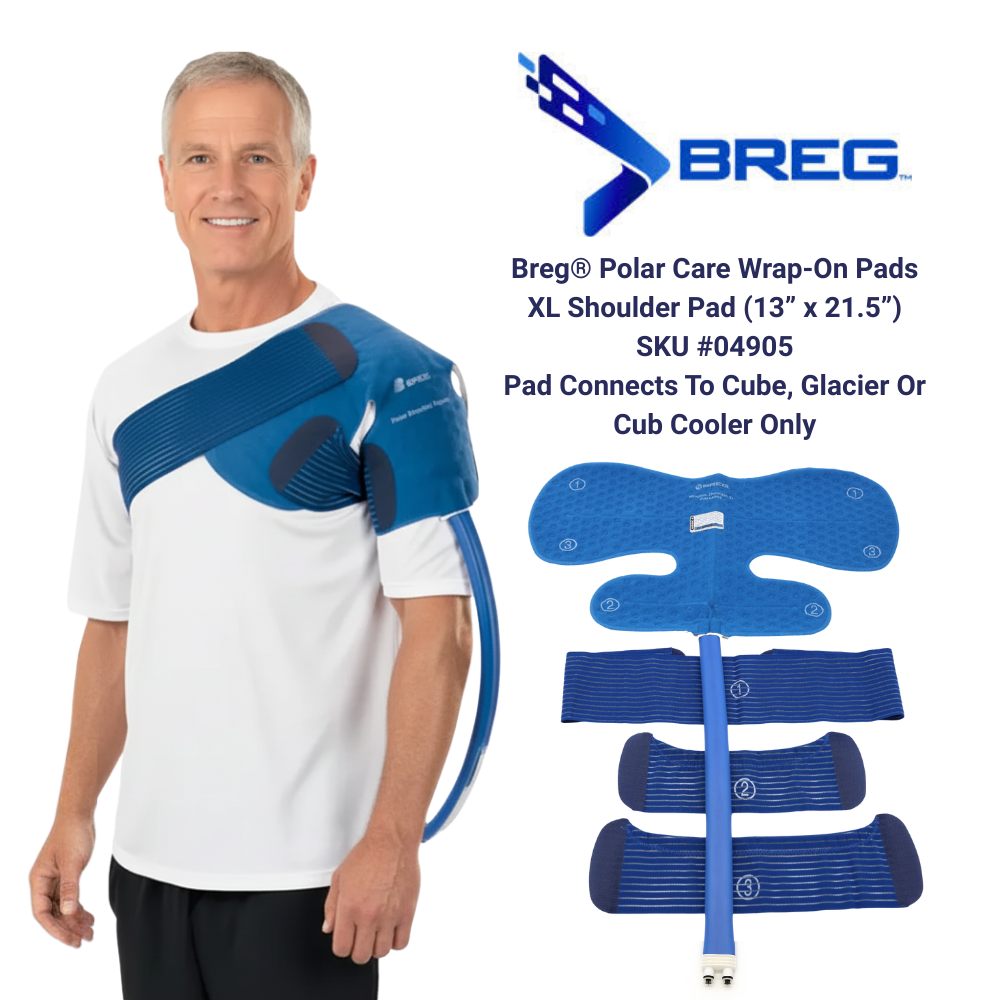 Breg XL shoulder pad for cold therapy, shown on man, with connection hose and product layout.