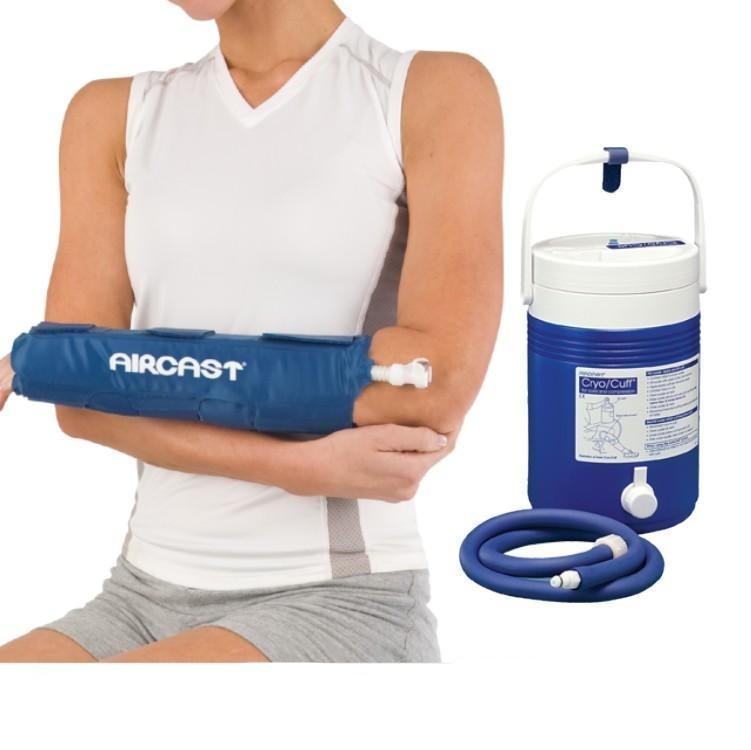 Aircast cold therapy system with blue Cryo Cuff pad and cooler for elbow injury recovery