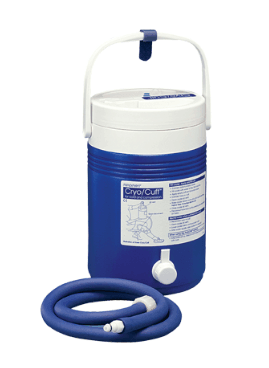 Aircast Gravity Cooler System with blue Cryo Cuff and tube for cold therapy from Supply Cold Therapy