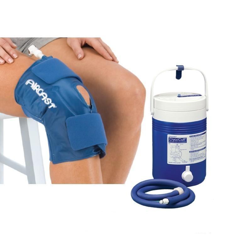 Aircast knee Cryo Cuff cold therapy system with cooler and blue wrap on leg from Supply Cold Therapy