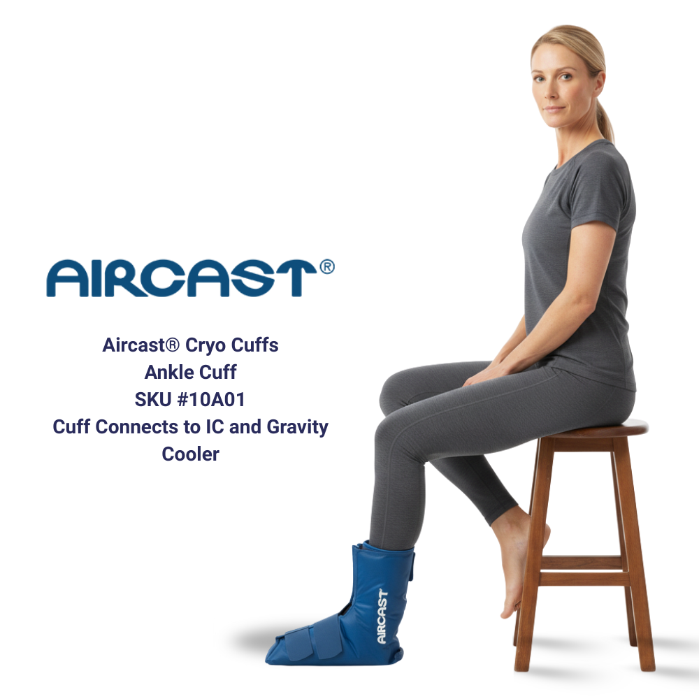 Woman wearing Aircast Cryo Ankle Cuff cold therapy device, seated on stool, Supply Cold Therapy