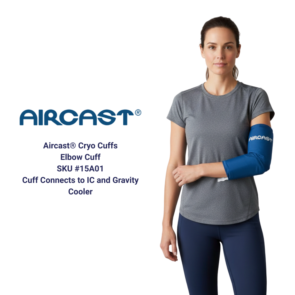 Woman wearing Aircast Cryo Elbow Cuff cold therapy device, shown with product description text.