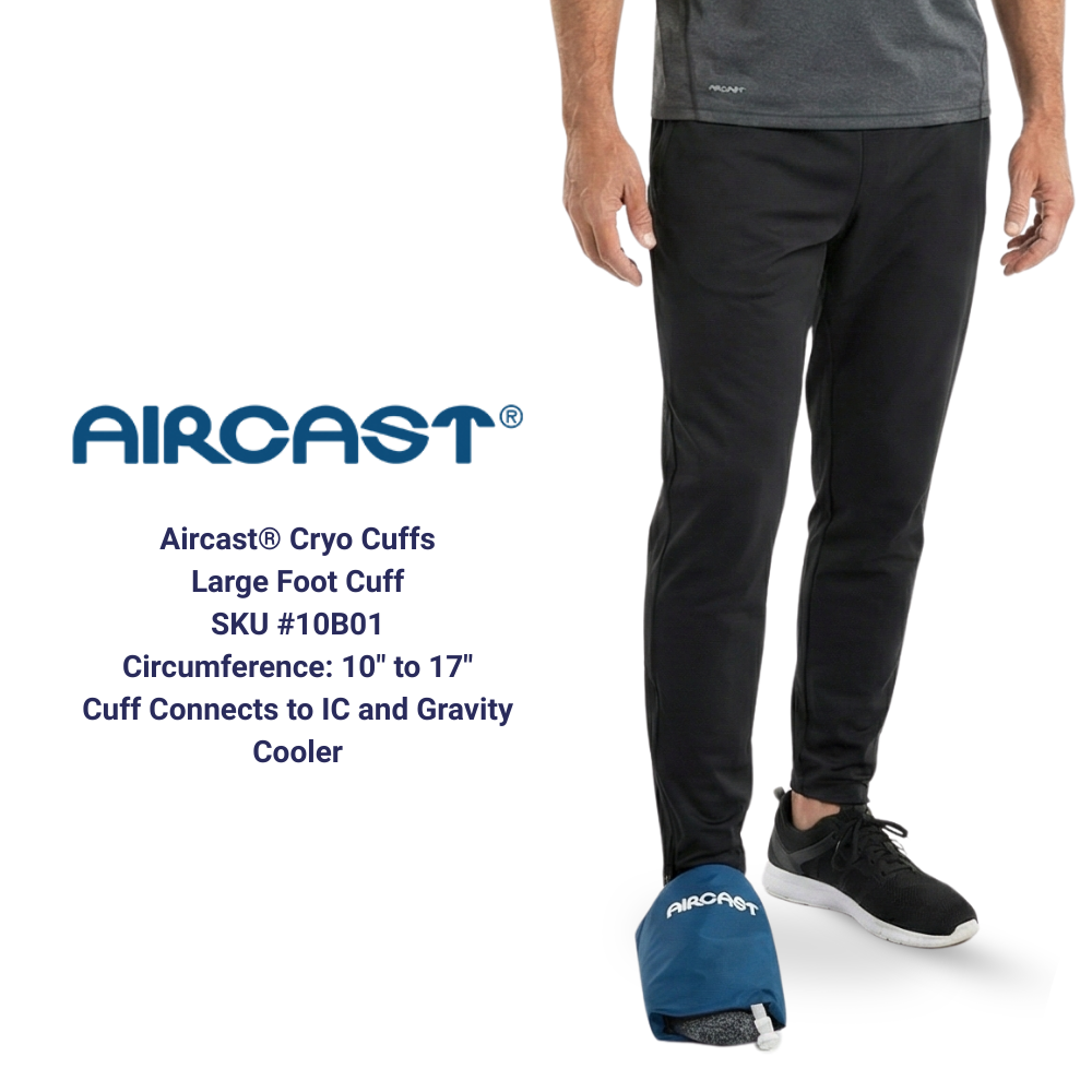 Aircast Cryo Cuffs large foot cuff on model, cold therapy pad connects to IC and gravity cooler.